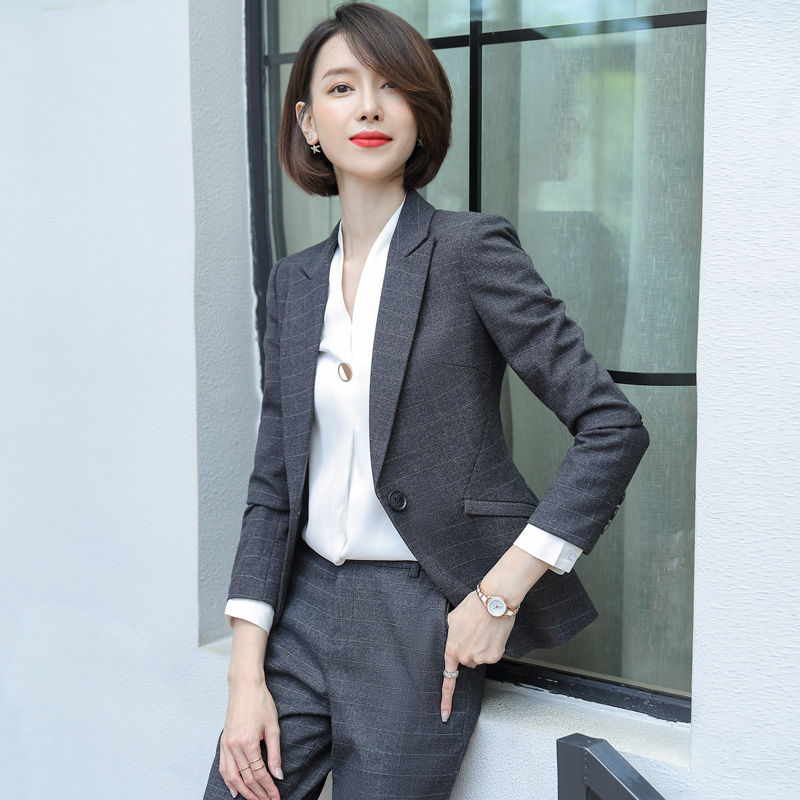西裝外套女2023新款工作服面試正裝時尚氣質職業套裝ol格子西服女