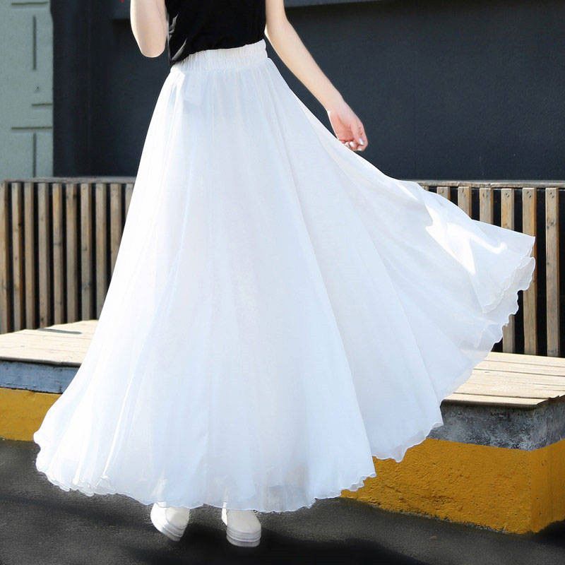 Summer new square dance skirt Chiffon white skirt women's medium length skirt black thin A-line skirt