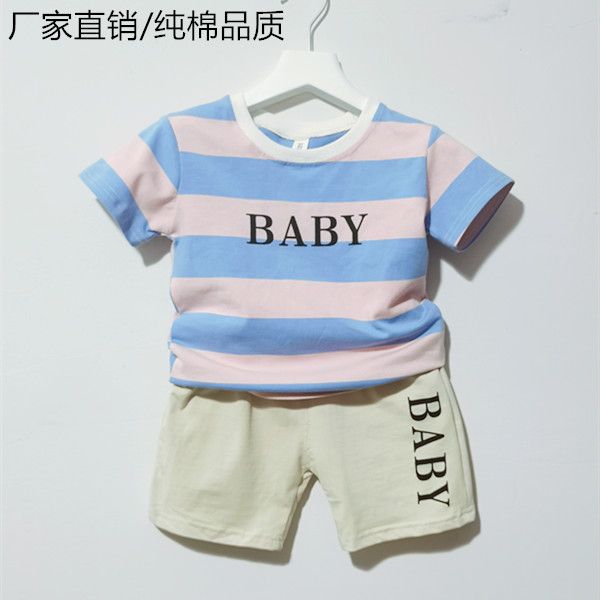 Cotton boys' summer suit 2020 New Stripe children's short sleeve baby T-shirt + shorts