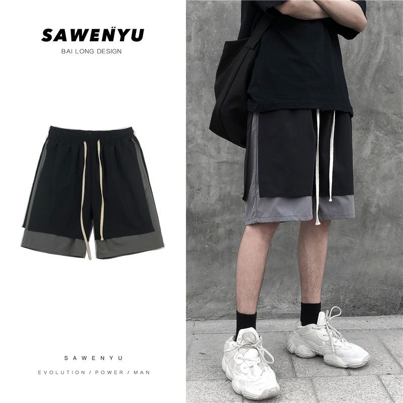 Summer new style work wear shorts men's ins trend students loose and versatile Capris straight wide leg CEC casual pants