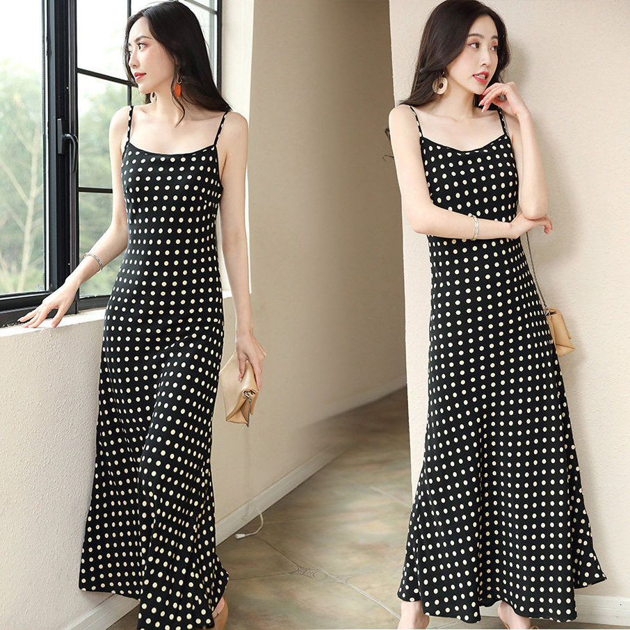 Polka Dot suspender dress women's summer new long over knee simple sexy holiday travel A-line skirt