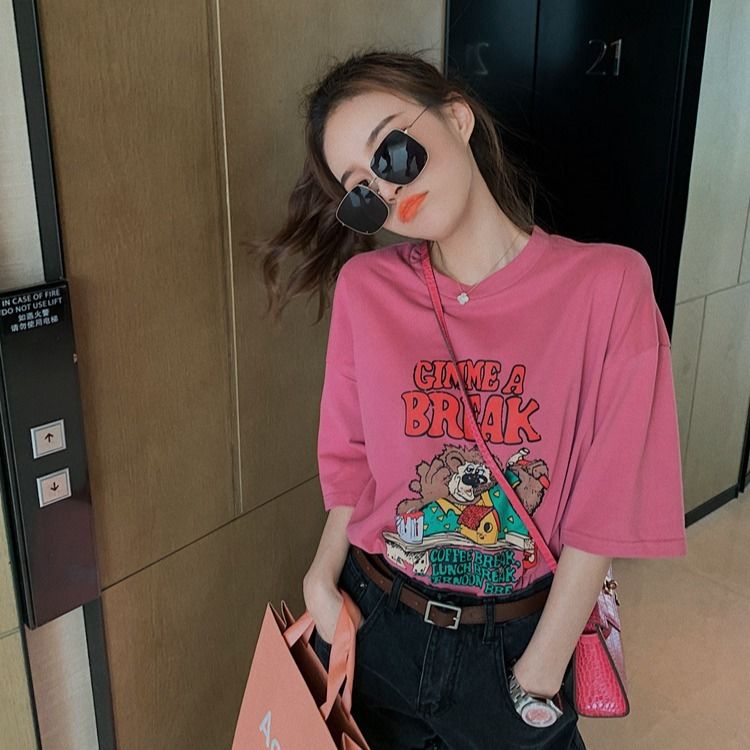 Printed T-shirt for female students 2023 new summer style loose Korean version versatile ins super hot internet celebrity short-sleeved top trendy