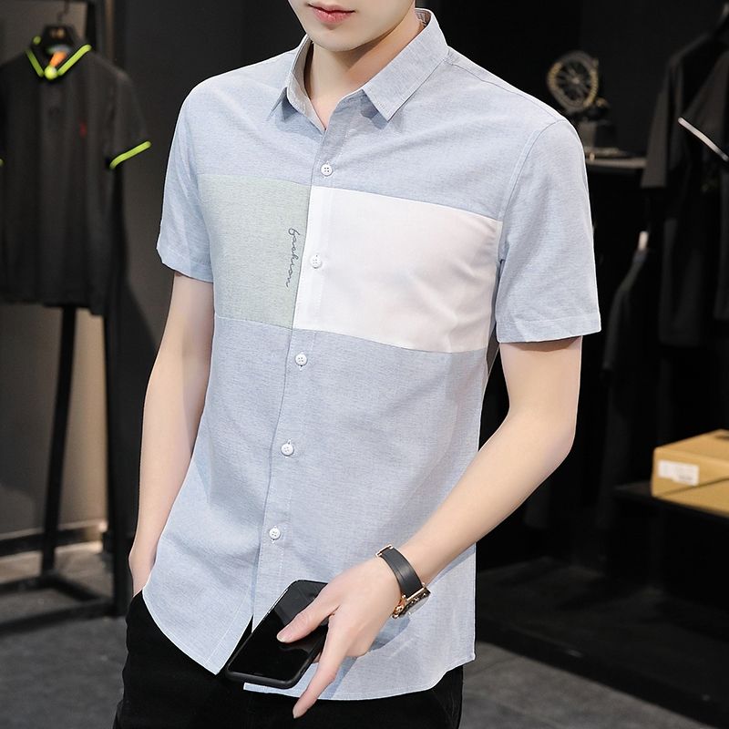 夏季短袖男衬衫韩版潮流帅气格子衬衣小清新衣服男装修身上班寸衫