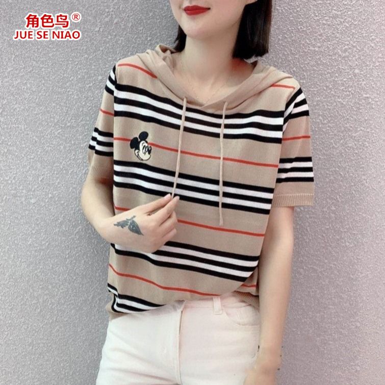 Europe station spring / summer 2020 new short sleeve T-shirt with drawstring hood embroidery Mickey head stripe ice silk T-shirt for women