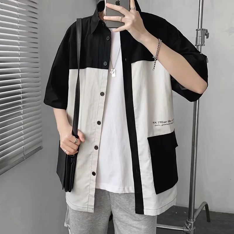 Summer large size 5 / 4 Sleeve Shirt Men's half sleeve port fashion short sleeve work clothes medium sleeve shirt loose casual coat