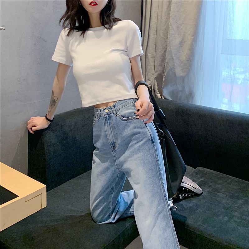 Ins tight-fitting short white printed t-shirt female summer students all-match high waist navel short-sleeved inner European and American top trend