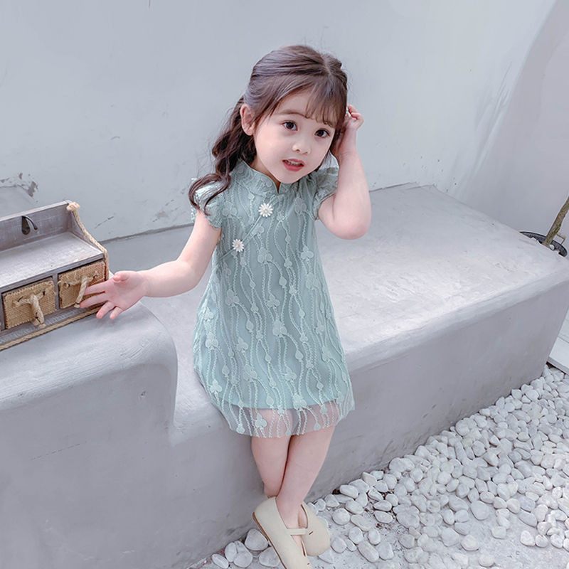 女童連衣裙2023春夏寶寶洋氣蕾絲裙子兒童旗袍公主裙小童背心裙