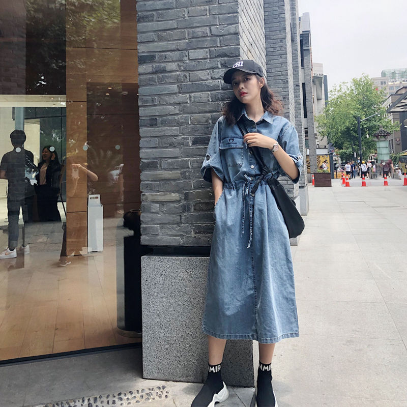Denim skirt age reduction women's big size women's fat mm2020 autumn loose and thin medium length thin denim dress with belly covering