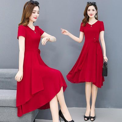 红色连衣裙2024新款短袖广场舞太太服装v领雪纺裙夏高档薄款裙子