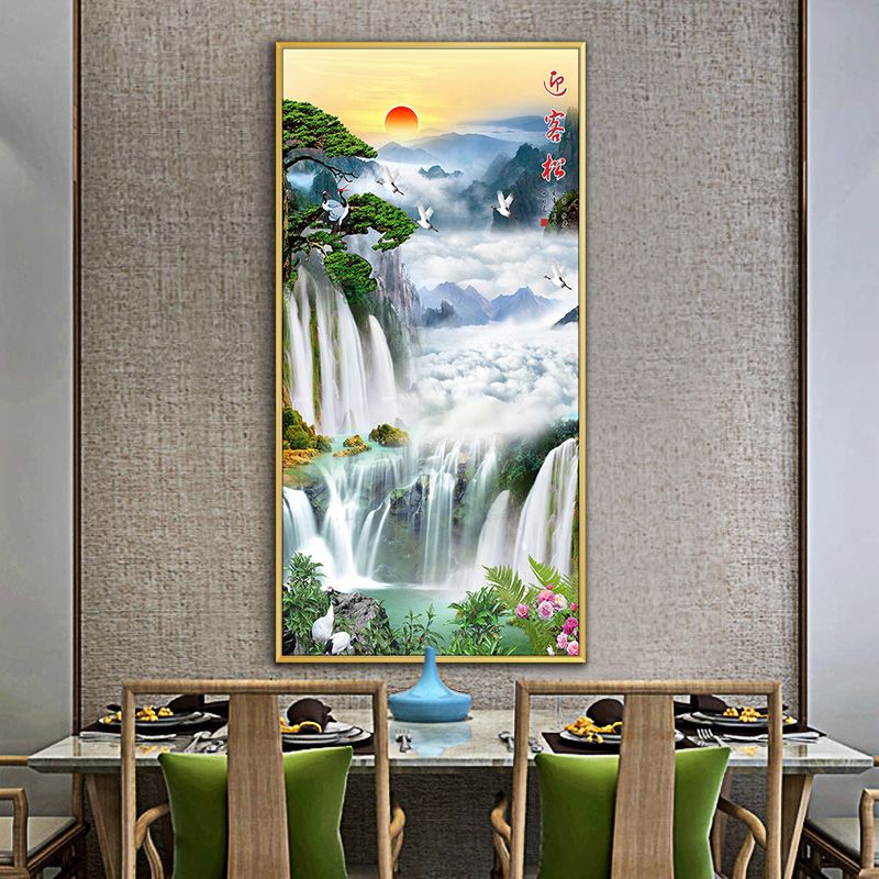 迎客松壁画进门玄关画山水画风水靠山客厅装饰画竖版过道招财挂画