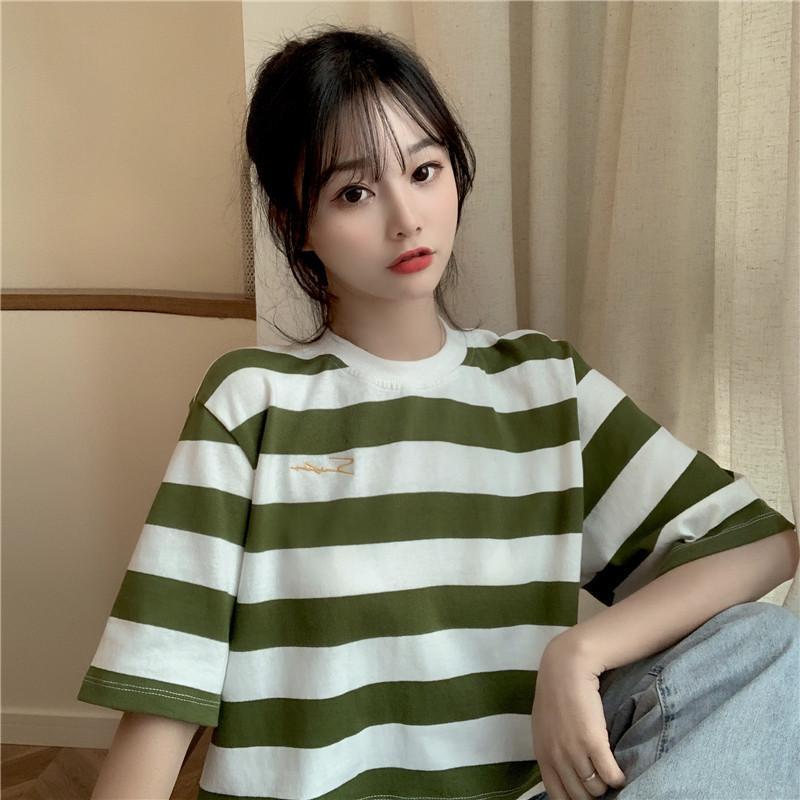 Summer Korean 2022 new loose short stripe embroidery small versatile Short Sleeve T-Shirt Top schoolgirl