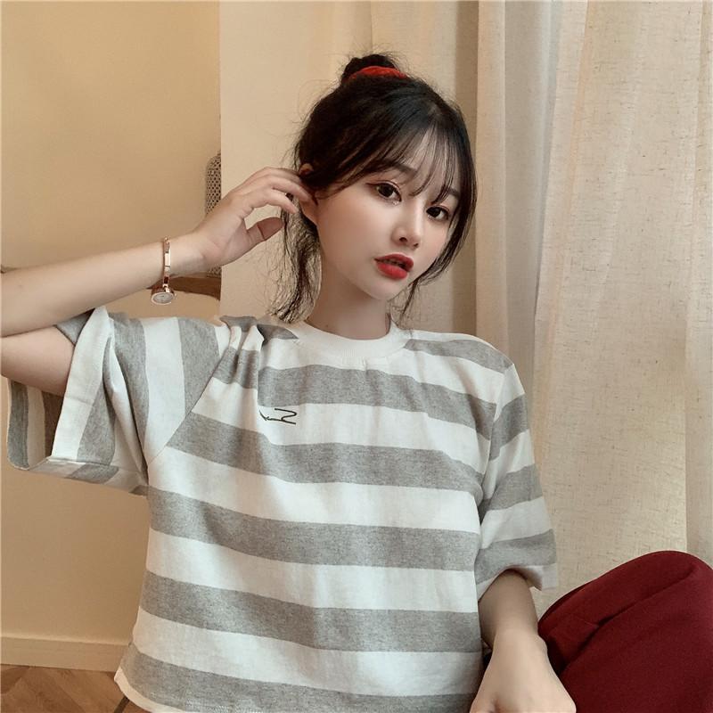 Summer Korean 2022 new loose short stripe embroidery small versatile Short Sleeve T-Shirt Top schoolgirl