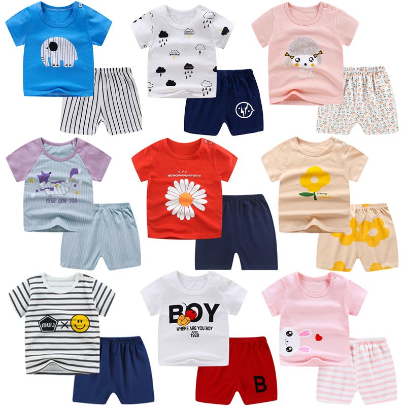 Children's short sleeve suit summer boys and girls shorts baby cotton short sleeve set baby clothes pure cotton T2 piece set