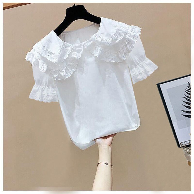 Small fresh Lace Baby collar long sleeve shirt 2020 summer short sleeve new bottom white shirt very fairy top