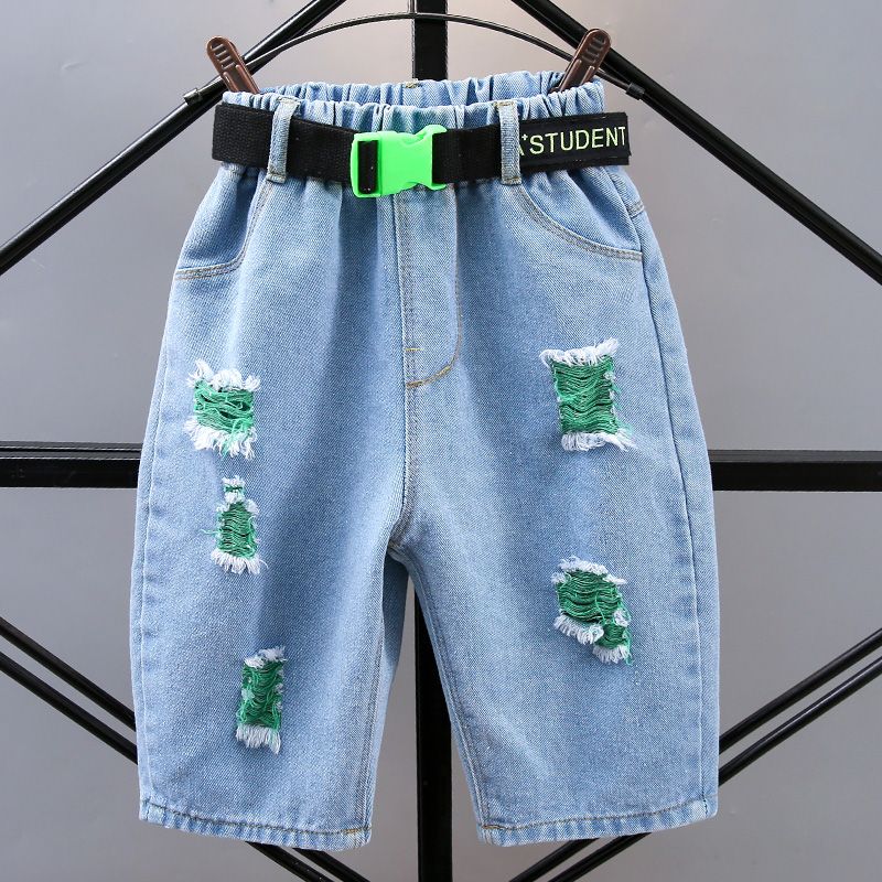 Boys' 2019 summer new soft denim pants children's Capris medium sized children's perforated shorts thin children's fashion