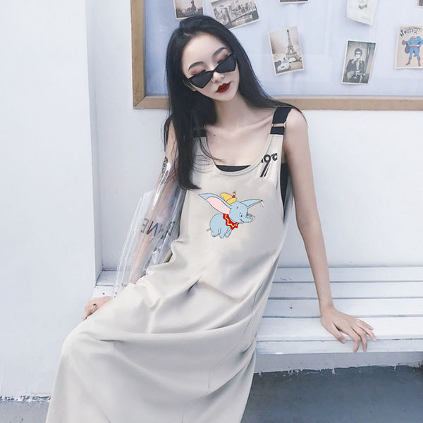 Milk silk print suspender dress for women xiains new fat mm loose large back skirt