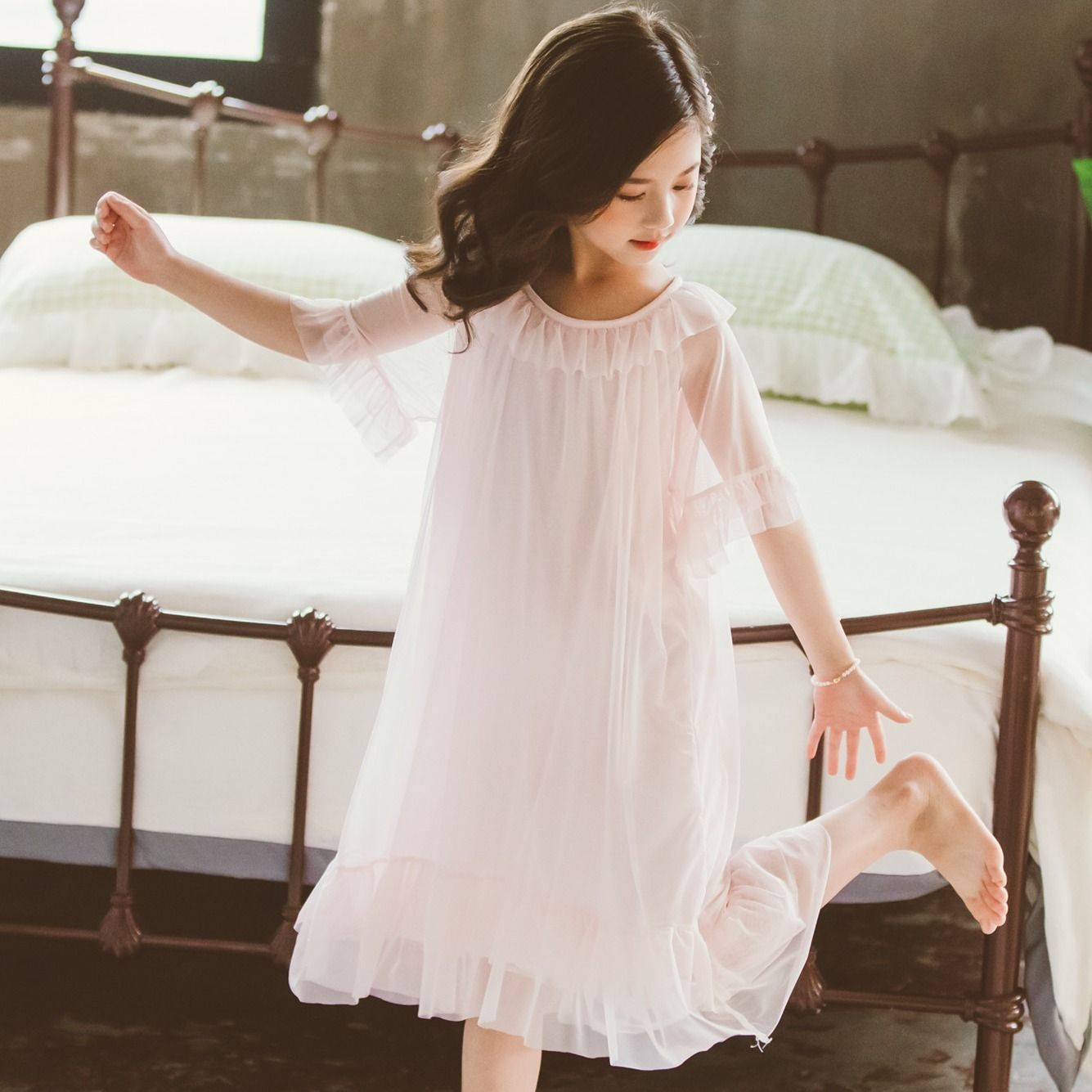 女童睡裙短袖兒童睡衣夏季女孩公主中大童夏天薄家居服寶寶連衣裙