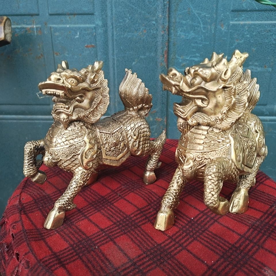 纯铜麒麟摆件一对的价格火麒麟招财办公室客厅装饰瓶酒贵家居摆设