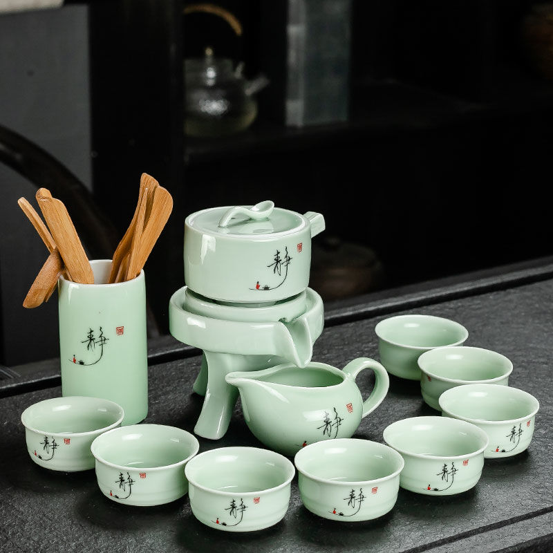 Special price lazy man celadon stone mill automatic rotating water kungfu tea set set purple sand complete set of ceramic teapots and cups