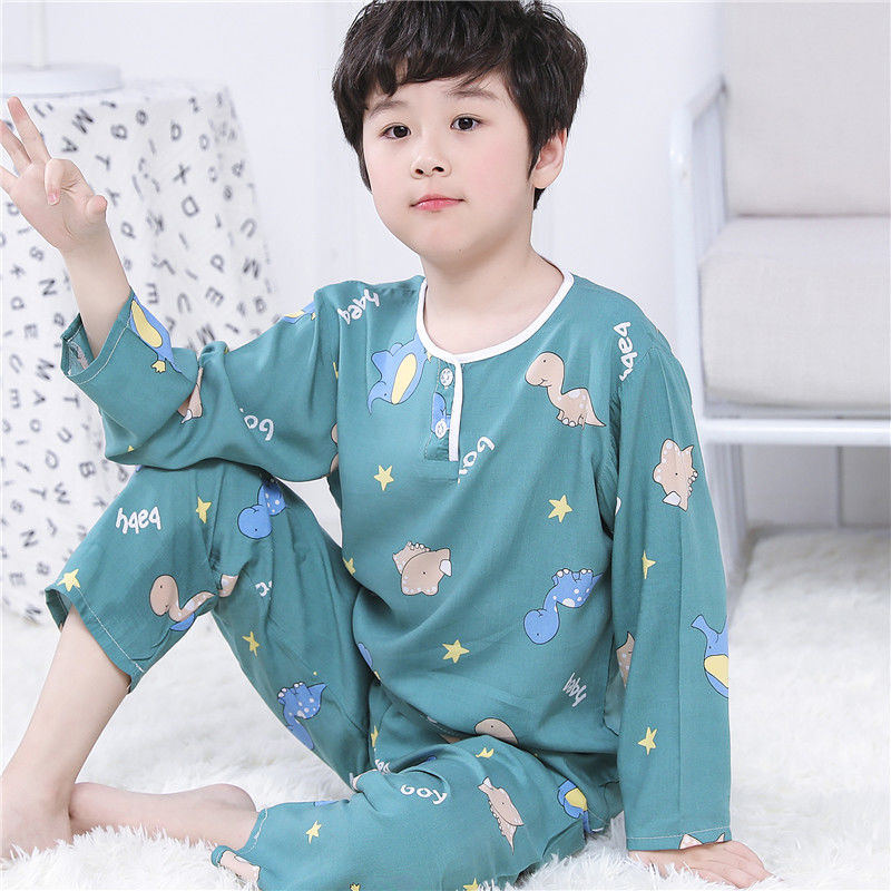 夏季兒童綿綢睡衣套裝薄款男孩女童空調服卡通七分袖中大童家居服