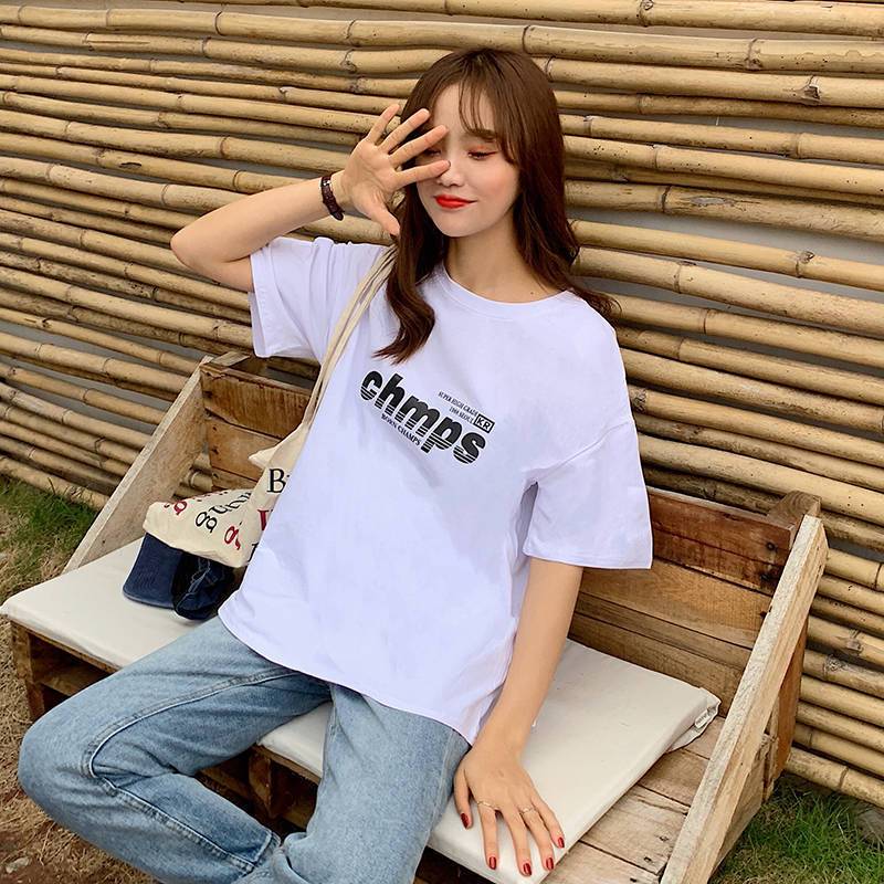 Summer ins Korean version of letters white short sleeve T-shirt female students Joker loose half sleeve bottoming shirt Harajuku style jacket