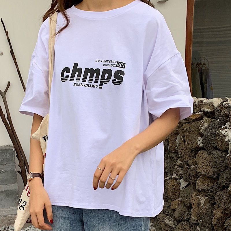 Summer ins Korean version of letters white short sleeve T-shirt female students Joker loose half sleeve bottoming shirt Harajuku style jacket