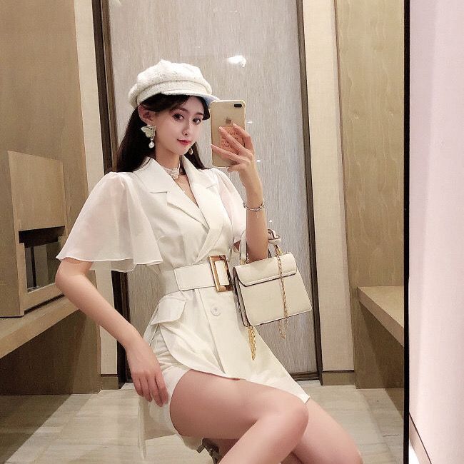 Summer new net red temperament suit Chiffon sleeve splicing double breasted suit dress show thin shorts two piece set