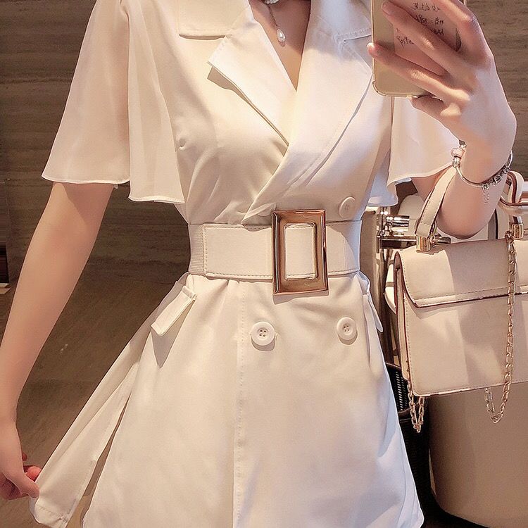 Summer new net red temperament suit Chiffon sleeve splicing double breasted suit dress show thin shorts two piece set