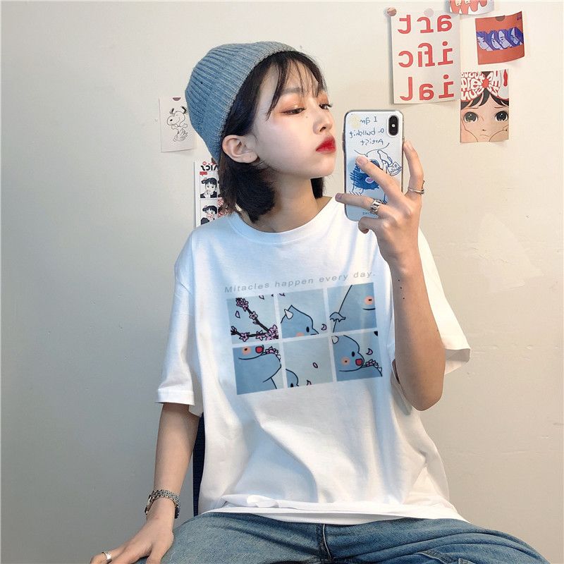 2020 new long short sleeve T-shirt for female students Korean version loose homestay ins large lovers' white top fashion