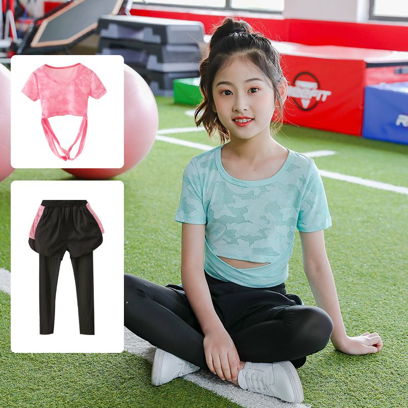 夏季中大女童短袖运动健身服儿童田径跑步服女孩瑜珈服套装速干衣