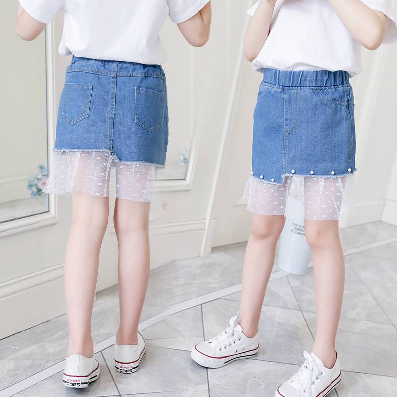 女童牛仔短裙夏季新款韩版洋气中大儿童夏装外穿百搭蕾丝裤裙