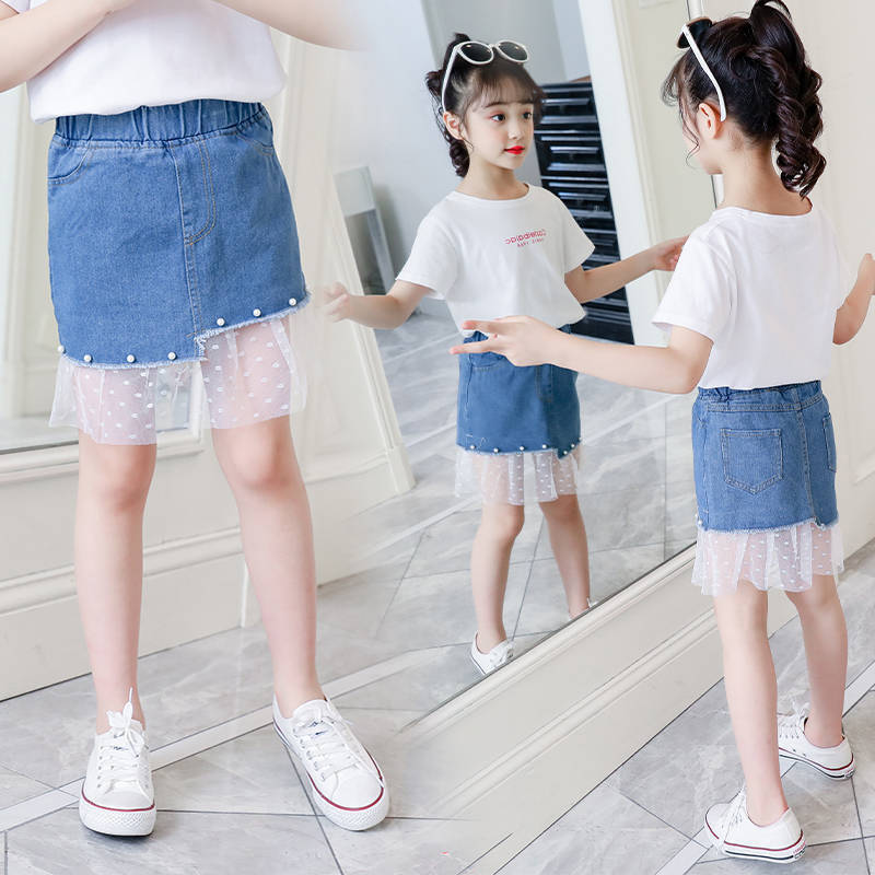 女童牛仔短裙夏季新款韩版洋气中大儿童夏装外穿百搭蕾丝裤裙