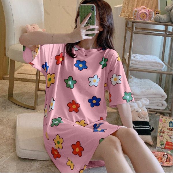 Pajamas summer new nightdress loose Sweet cartoon short sleeve large medium length pregnant women can wear home clothes