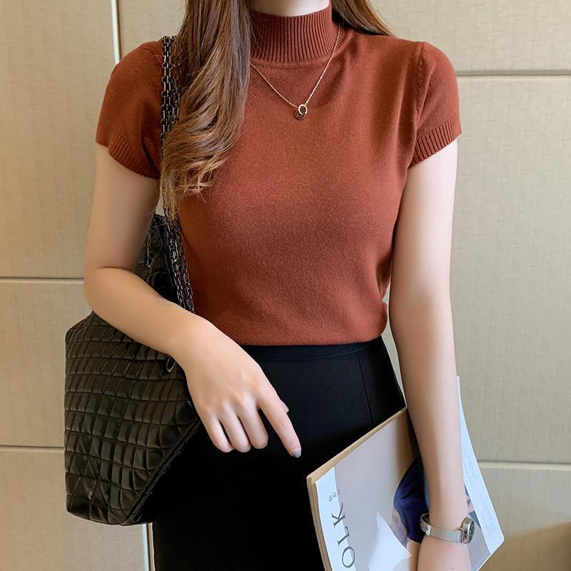 Half high collar short half sleeve knitted T-shirt for women's spring and summer bottoming shirt with sweater inside and short waistcoat for outer wear