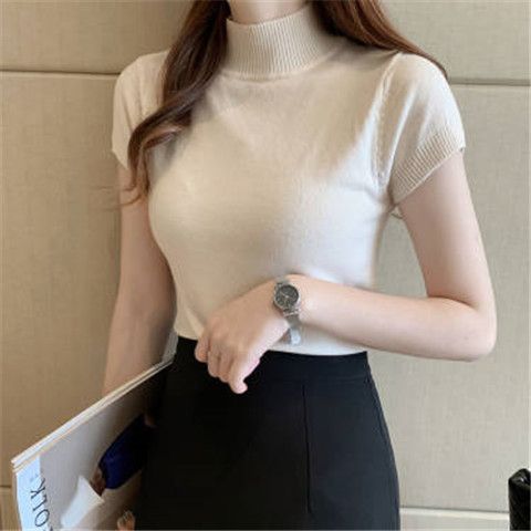 Half high collar short half sleeve knitted T-shirt for women's spring and summer bottoming shirt with sweater inside and short waistcoat for outer wear
