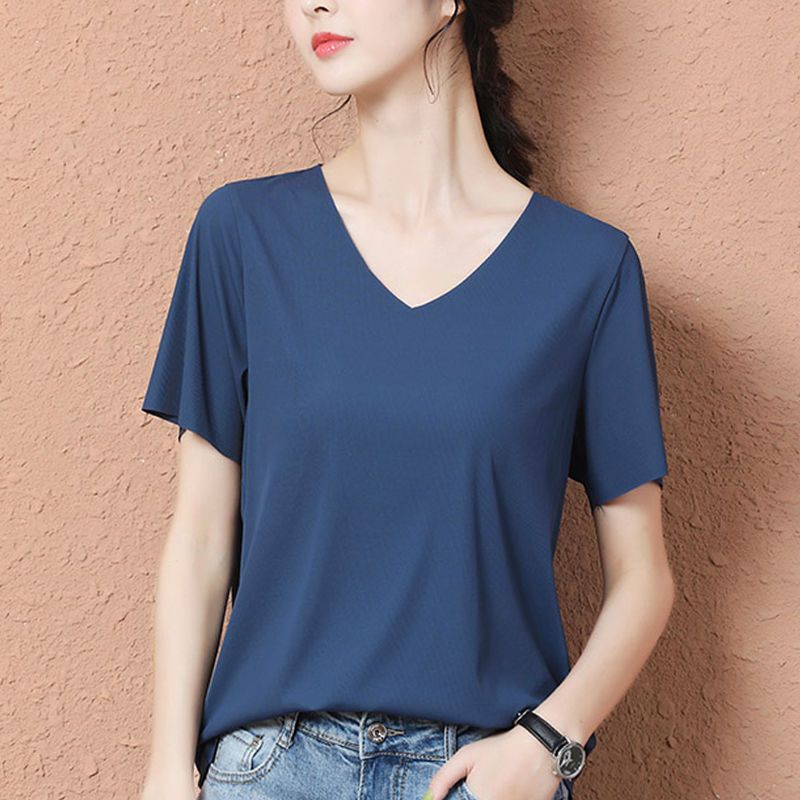 New ice silk short sleeve T-shirt spring and summer solid color women's traceless thin fashion V-neck T-shirt Korean white loose top