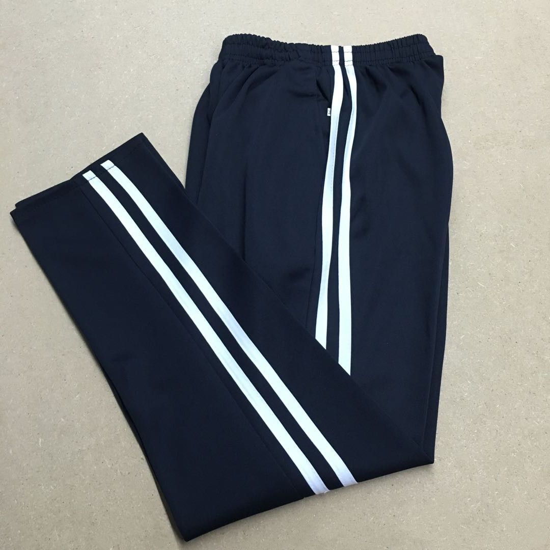 藏藍色校褲兩道槓雙白條初中高中小學生運動褲男女寬鬆直筒校服褲