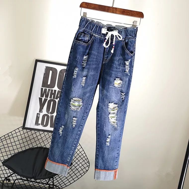 高腰大碼胖mm鬆緊腰哈倫褲女夏薄款牛仔褲女寬鬆顯瘦百搭直筒褲潮
