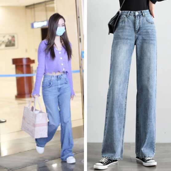 杨颖牛仔裤 angelababy,杨颖的身材 2020杨颖angelababy机场微博同款蓝色直筒裤牛仔裤高腰拖地长裤子