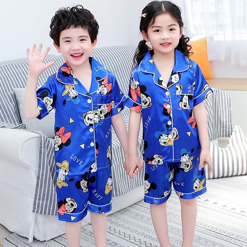 Children's pajamas summer girls silk like pajamas printed boy's baby home clothes summer short sleeve pajamas suit