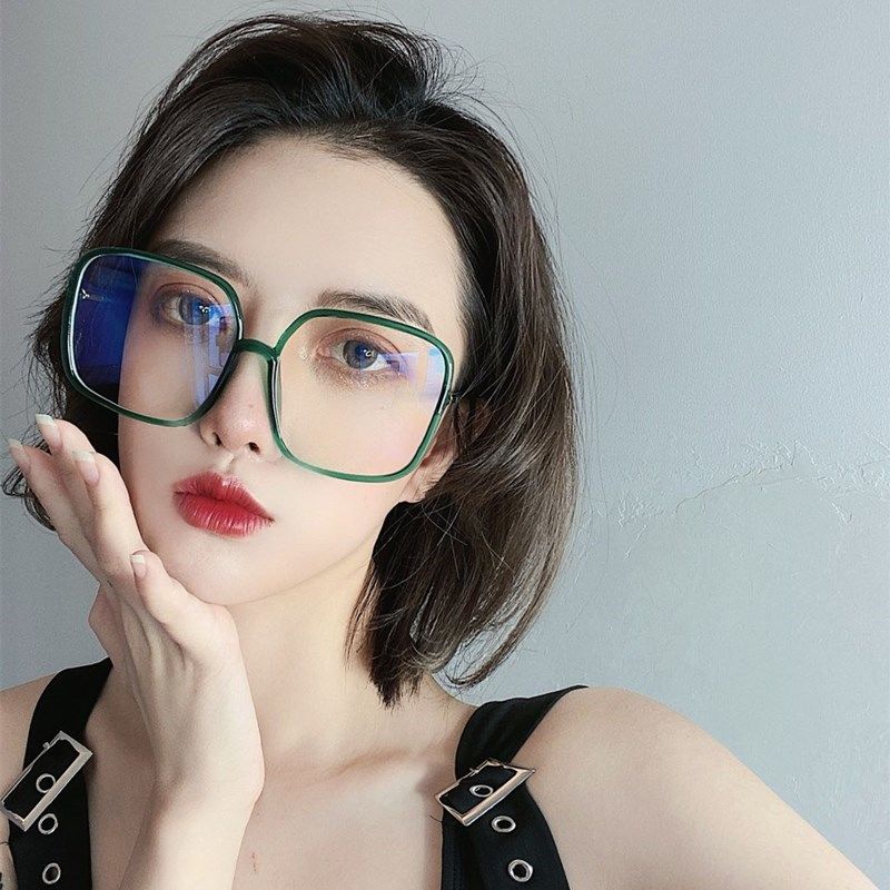 Ins trend green net red big frame plain glasses female students Korean version of myopia no degree flat light big face looks thin