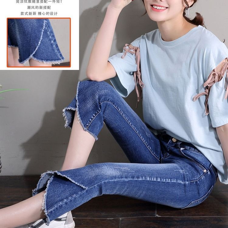 Capris women's Micro trumpet jeans slit summer high waist slim slim slim Capris Korean version elastic