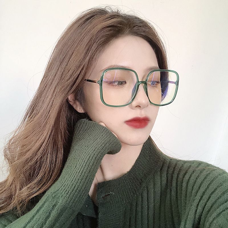 Ins trend green net red big frame plain glasses female students Korean version of myopia no degree flat light big face looks thin