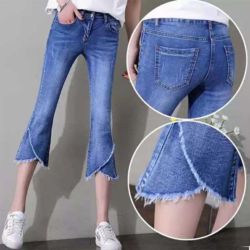 Capris women's Micro trumpet jeans slit summer high waist slim slim slim Capris Korean version elastic