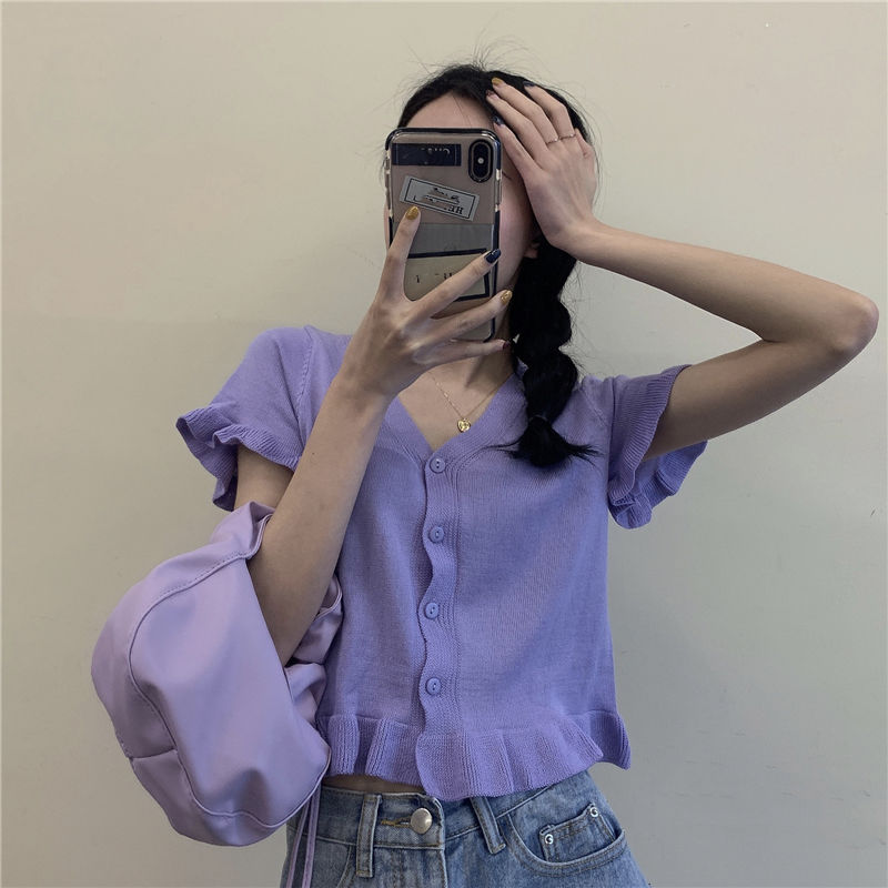 温柔风紫色短袖针织衫女春季新款韩版V领修身短款打底衫上衣