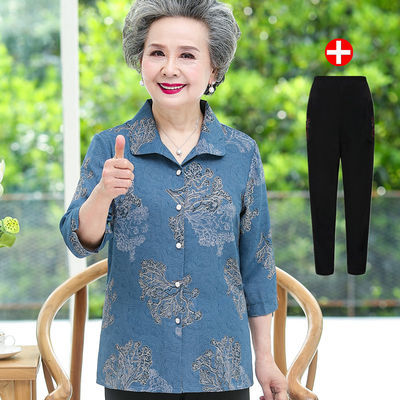10774/中老年人女装夏装衬衣奶奶七分袖60岁80老人妈妈夏季衬衫太太上衣