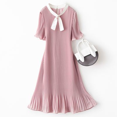 海谧压褶设计连衣裙女2020夏季新款裙子时尚领口系带显瘦休闲长裙