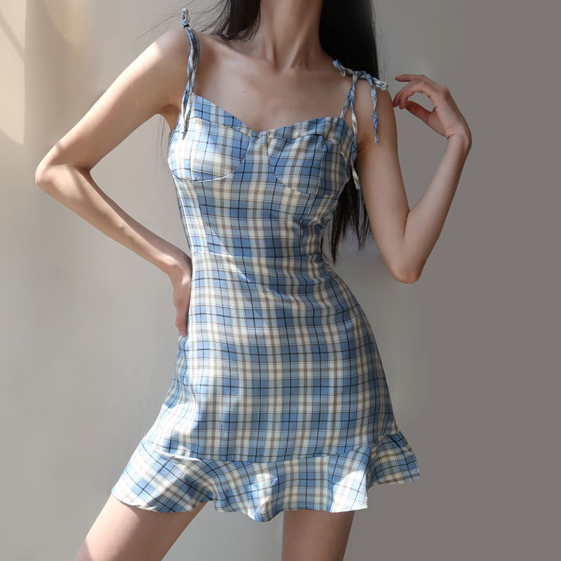 French cute little fresh girl checked fishtail dress romantic holiday Mini Ruffle A-line skirt