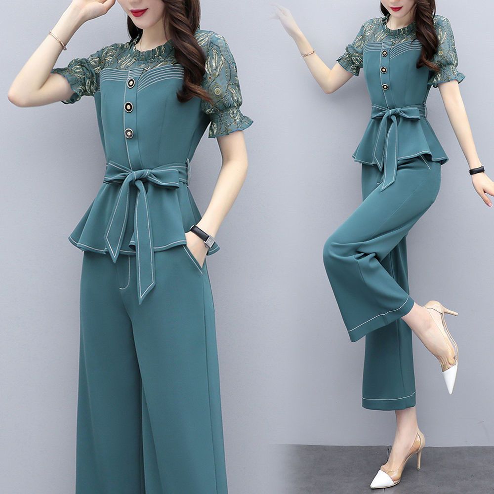 Single / suit Chiffon suit women's 2020 summer new short sleeve fashion temperament wide leg pants two piece suit