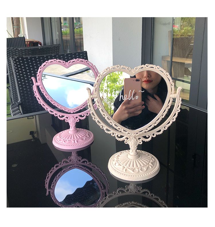 复古宫廷风爱心桌面台式双面化妆镜少女粉色心形旋转可爱公主镜子